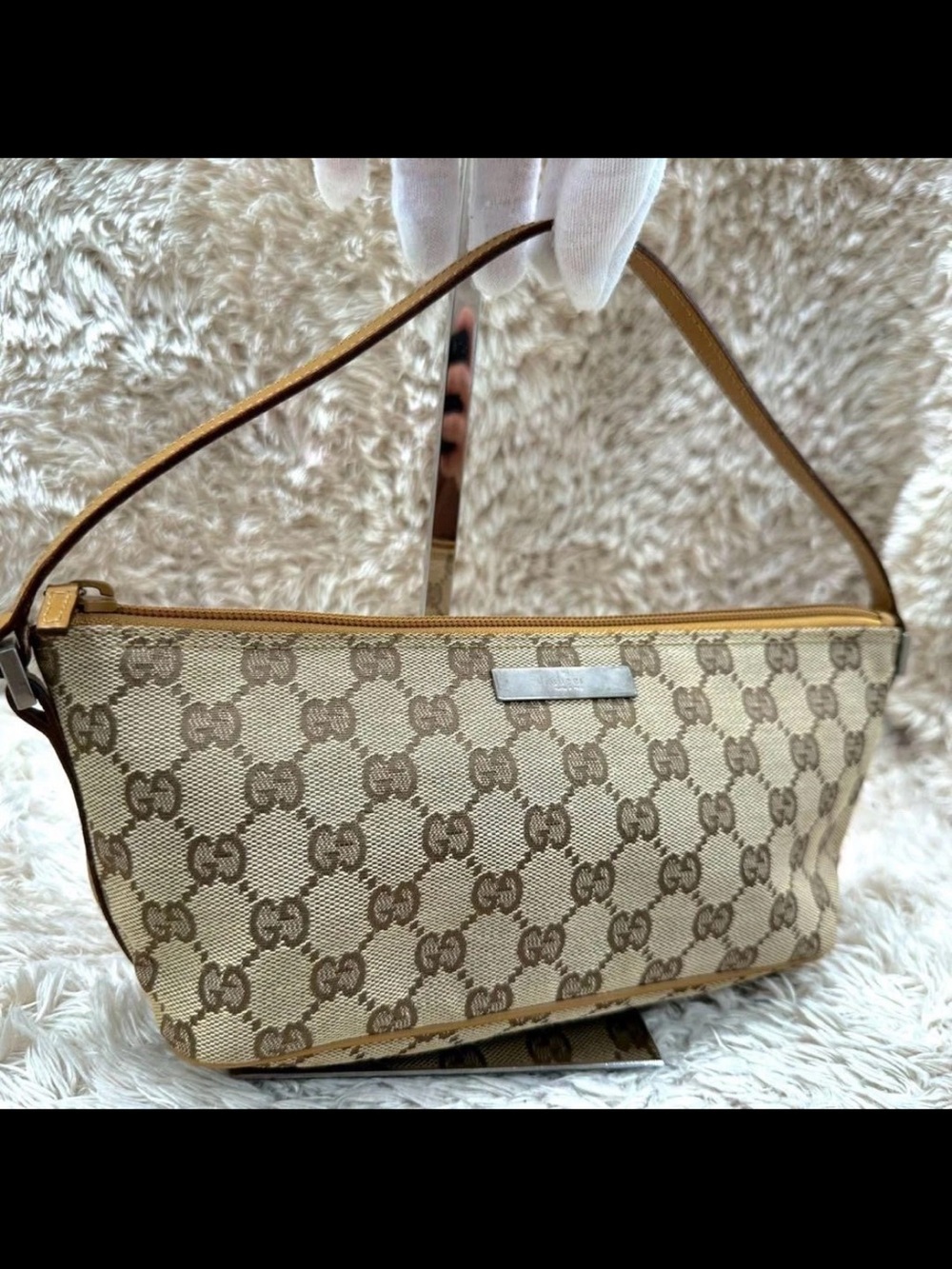 Gucci Beige GG Canvas Shoulder Bag with Brown Trim